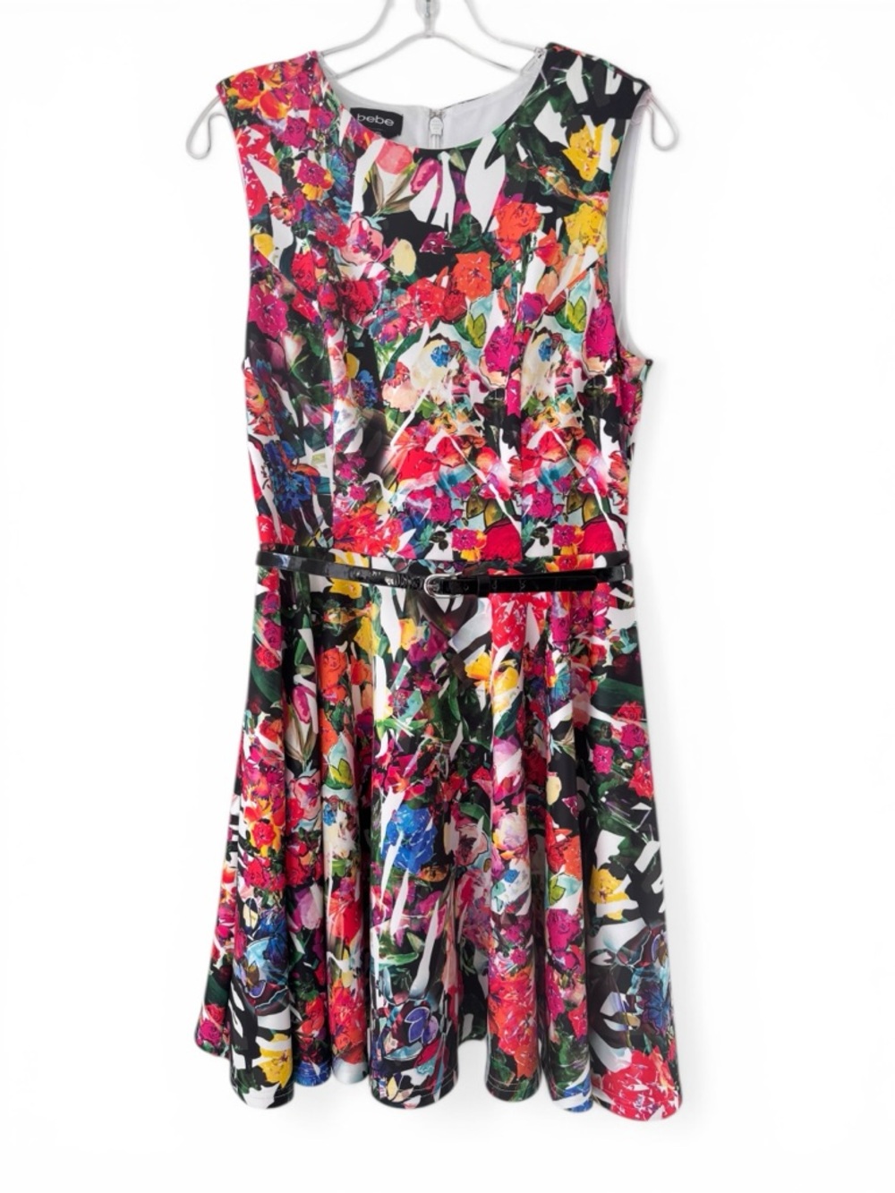 bebe Floral Dress Multicolor Fit & Flare Full Circle Black Belt M Wedding Party